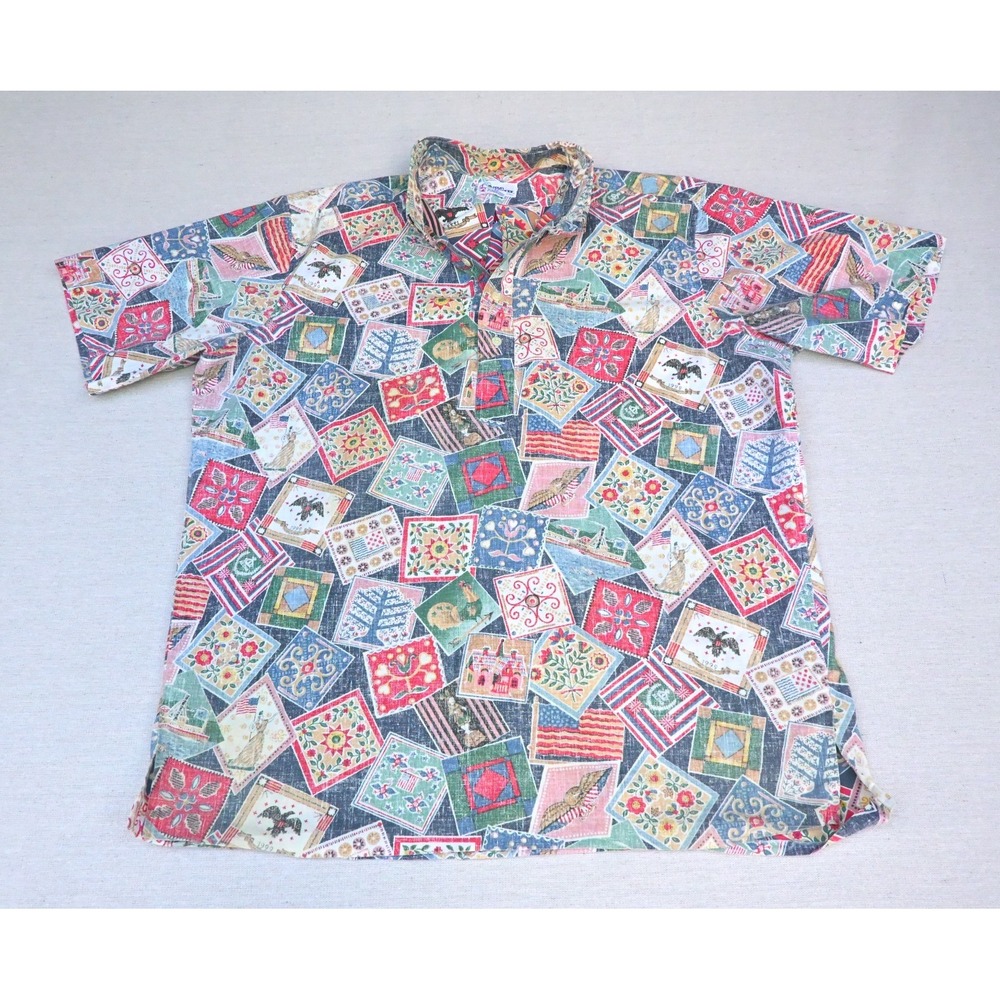 Reyn Spooner Mens L Vintage 90s Cotton Hawaiian Pullover Shirt Blue Stamp Print